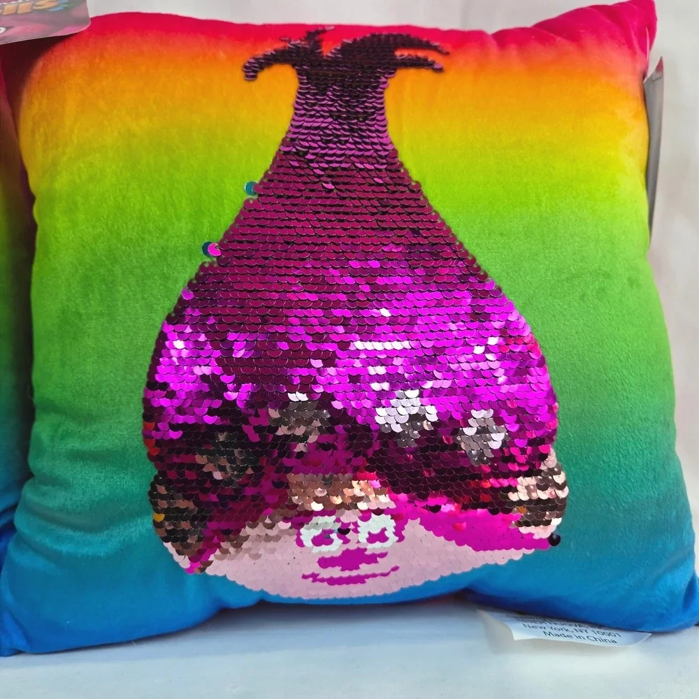DreamWorks Trolls Poppy Pink Rainbow Reversible Sequin Plush Pillow 2Pc Set NEW